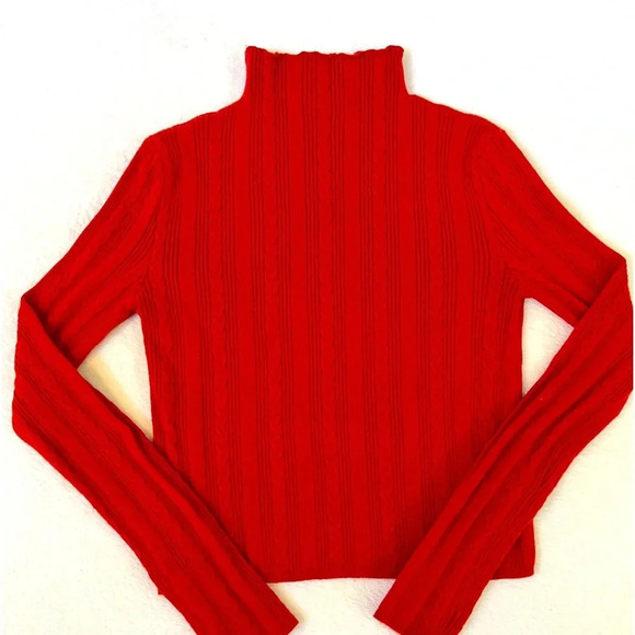 Urban Outfitters size S Red Orange Cable Knit Fitted Mock Neck Velma Sweater - Picture 1 of 8